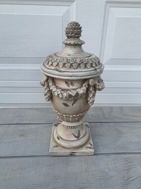 Distressed French Country Amphora Urn Vase Lid Pinecone Finial Ivory Decor